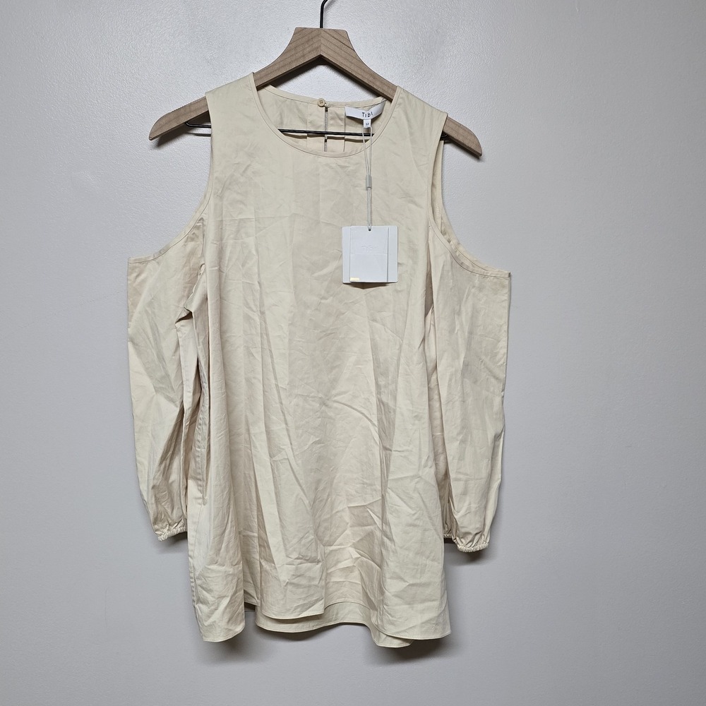 Tibi Womens Size 12 Open Shoulder Long Sleeve Tunic Top Cream 100% Cotton NWT